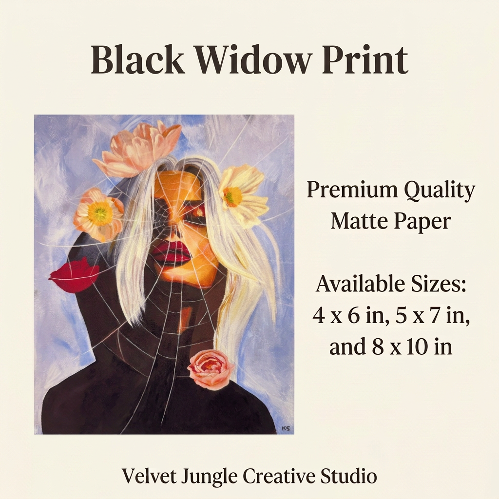 Black Widow Print details card showing the full artwork, premium quality matte paper and three available print sizes.