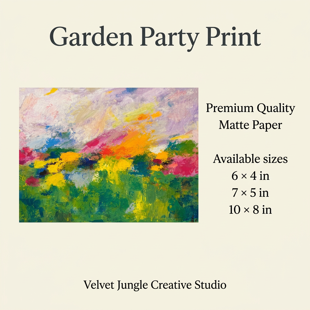 Garden Party Print details card with the complete abstract floral artwork, premium quality matte paper and available sizes of 6 × 4, 7 × 5 and 10 × 8 inches.
