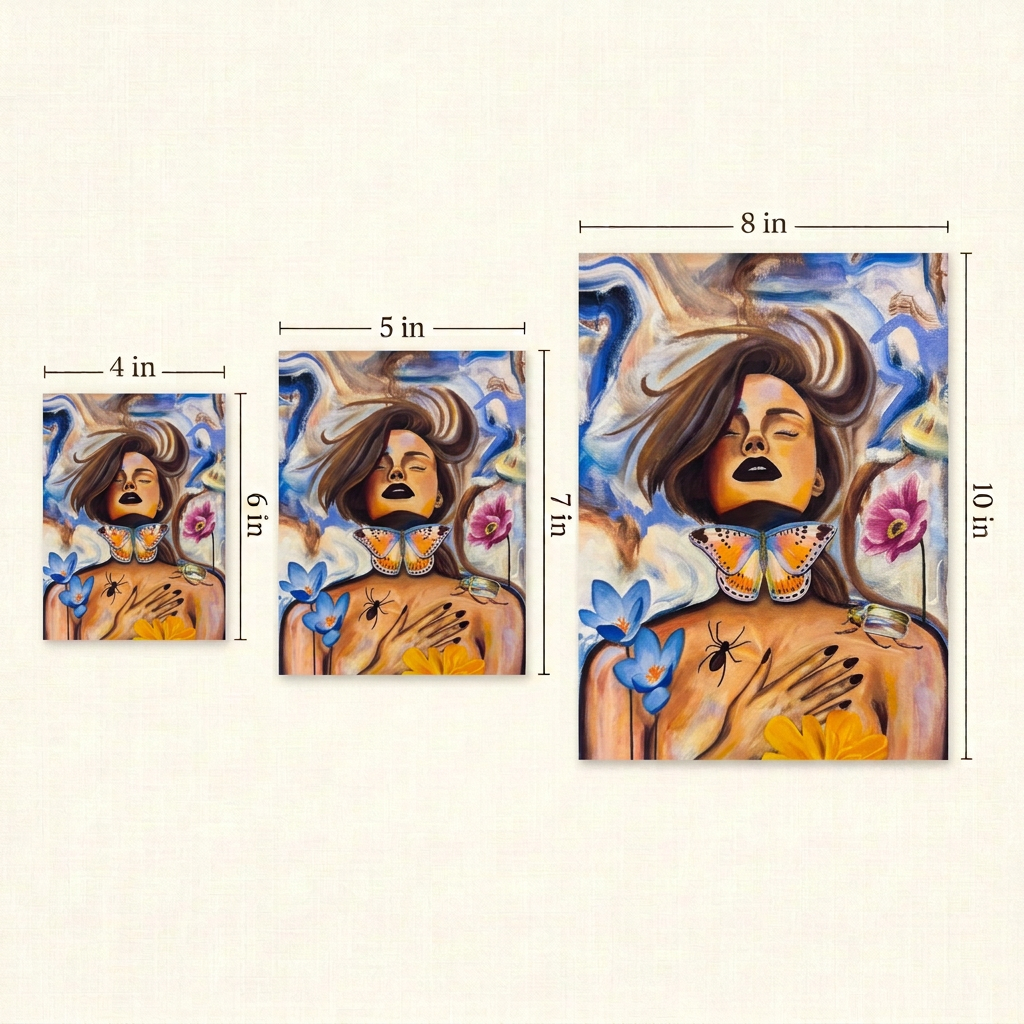 Exhale Print size guide showing the complete artwork in 4 × 6, 5 × 7 and 8 × 10 inch portrait sizes.