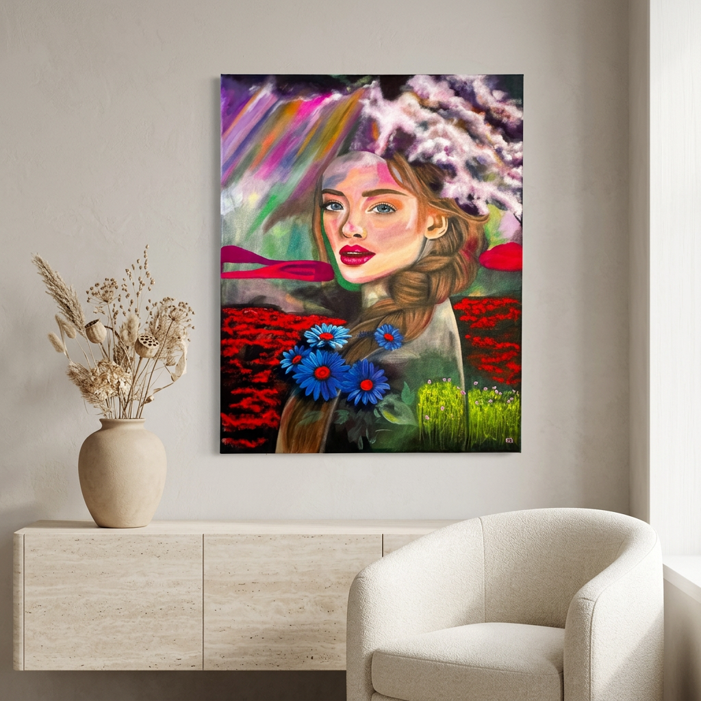 Morning Muse unframed portrait painting above a pale travertine sideboard, with a ceramic vase of dried flowers in a neutral room.