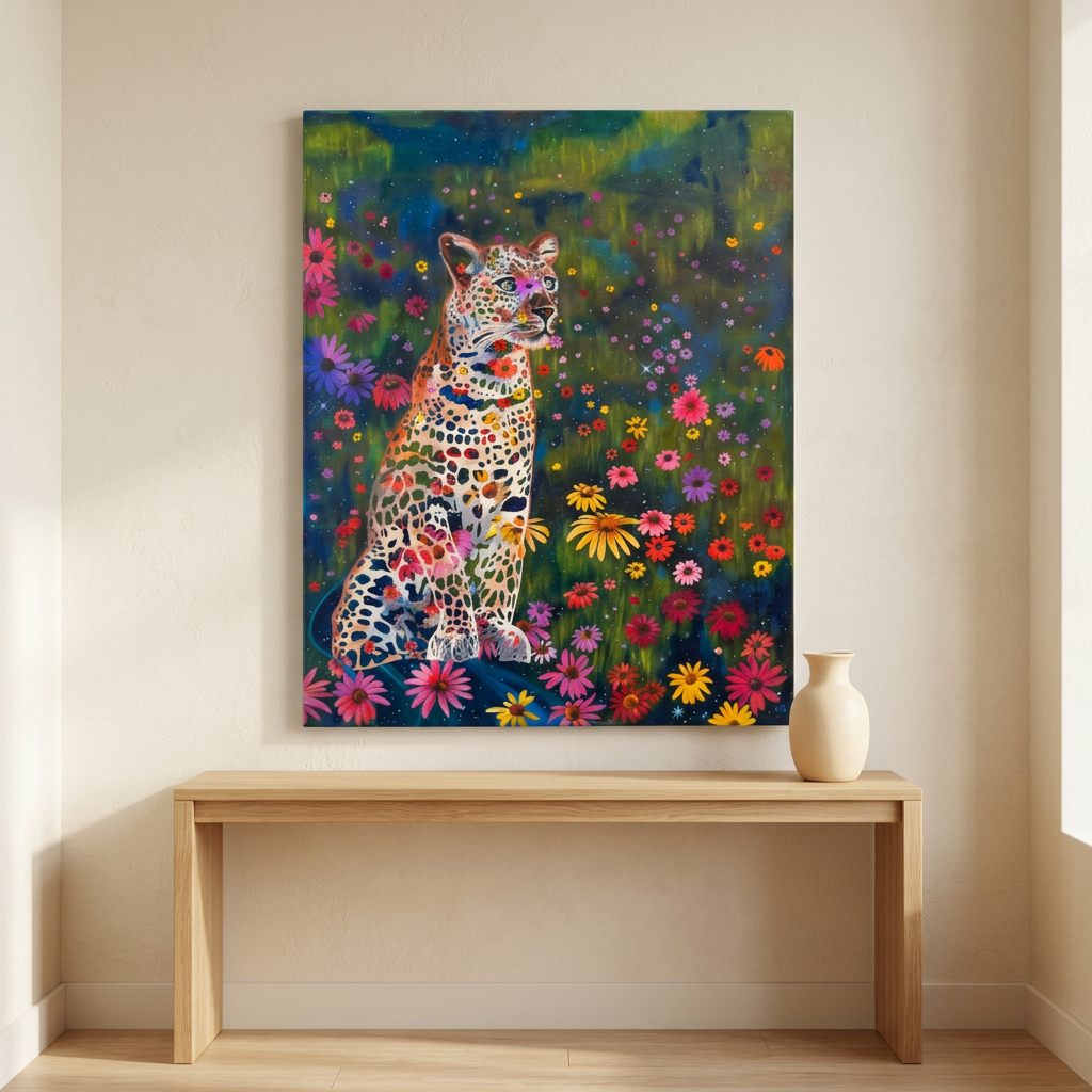 Dreams and Wishes Volume Two leopard and floral painting displayed as an unframed canvas above a light oak console against a warm ivory wall.