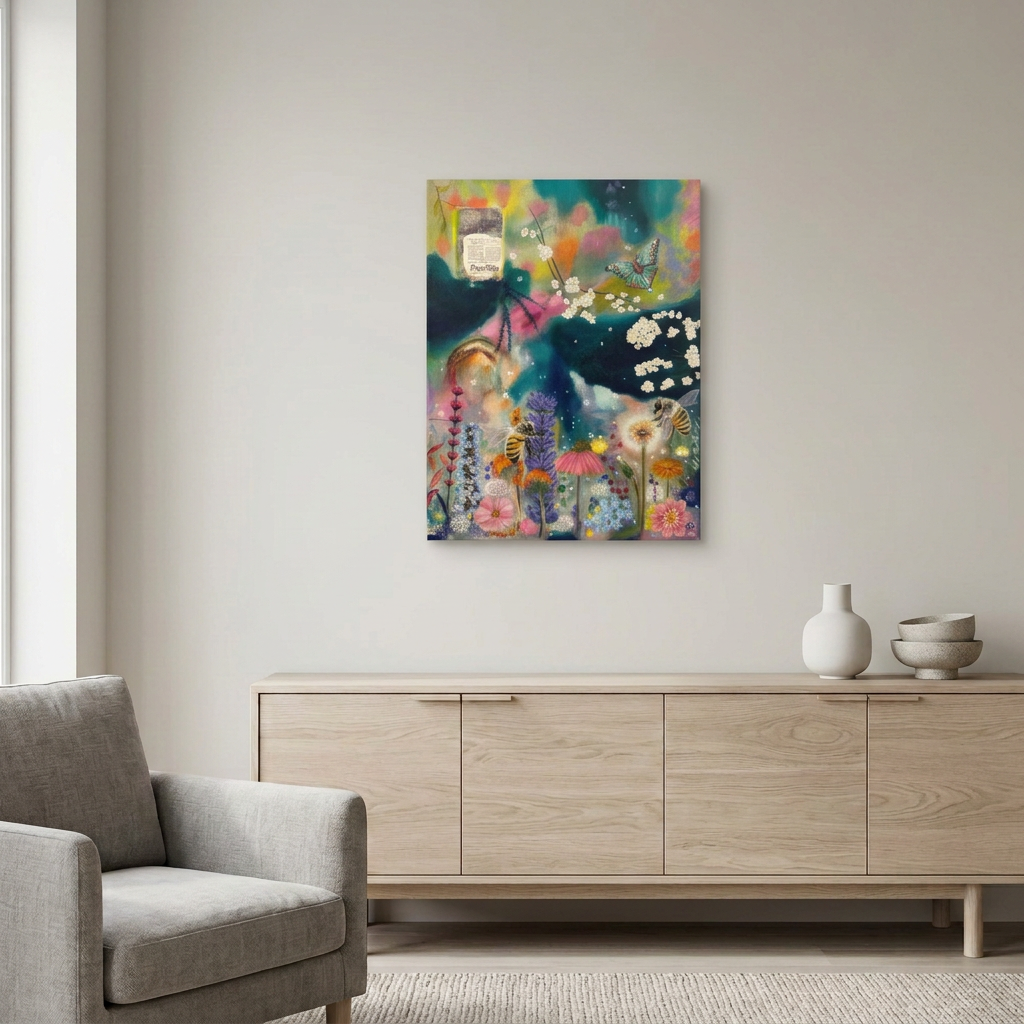 When The Hot Sun Burns displayed as a small unframed floral canvas above an oak sideboard in a neutral living room, with no text or border.