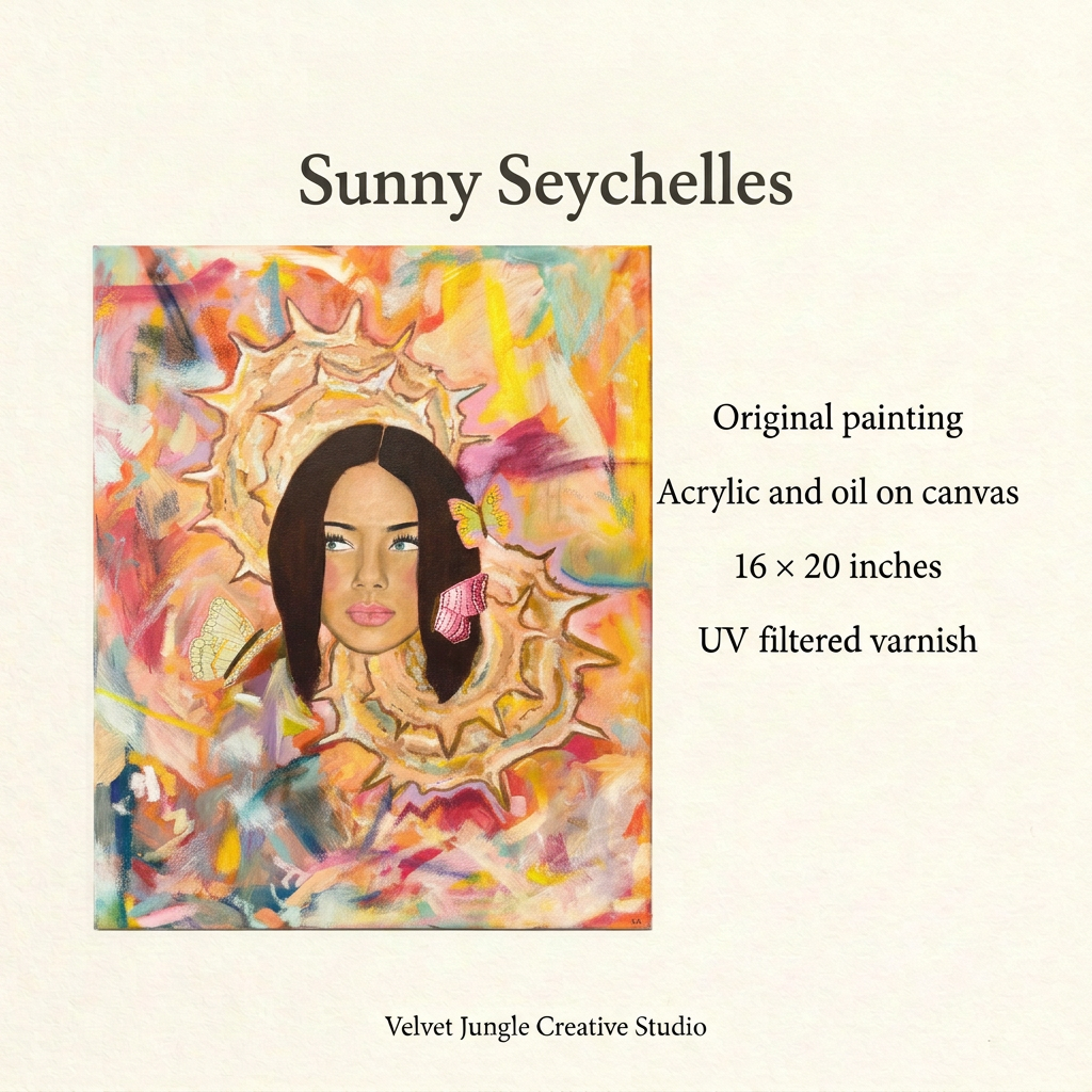 Sunny Seychelles details card showing the full original painting, acrylic and oil on canvas, 16 by 20 inches, finished with UV filtered varnish.