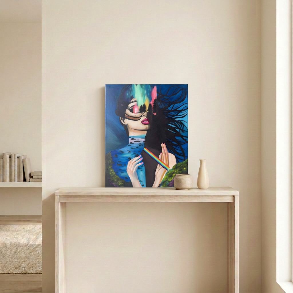Prism Visions unframed canvas displayed on a pale wood console in a neutral room, depicting a woman with aurora lights, trees, water and a rainbow.