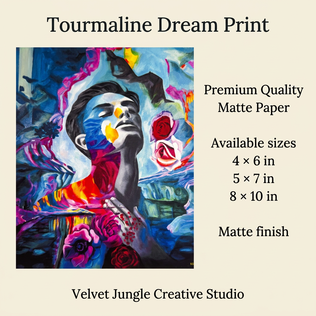 Tourmaline Dream Print details card with the complete artwork on the left and premium matte paper, matte finish and three print sizes on the right.