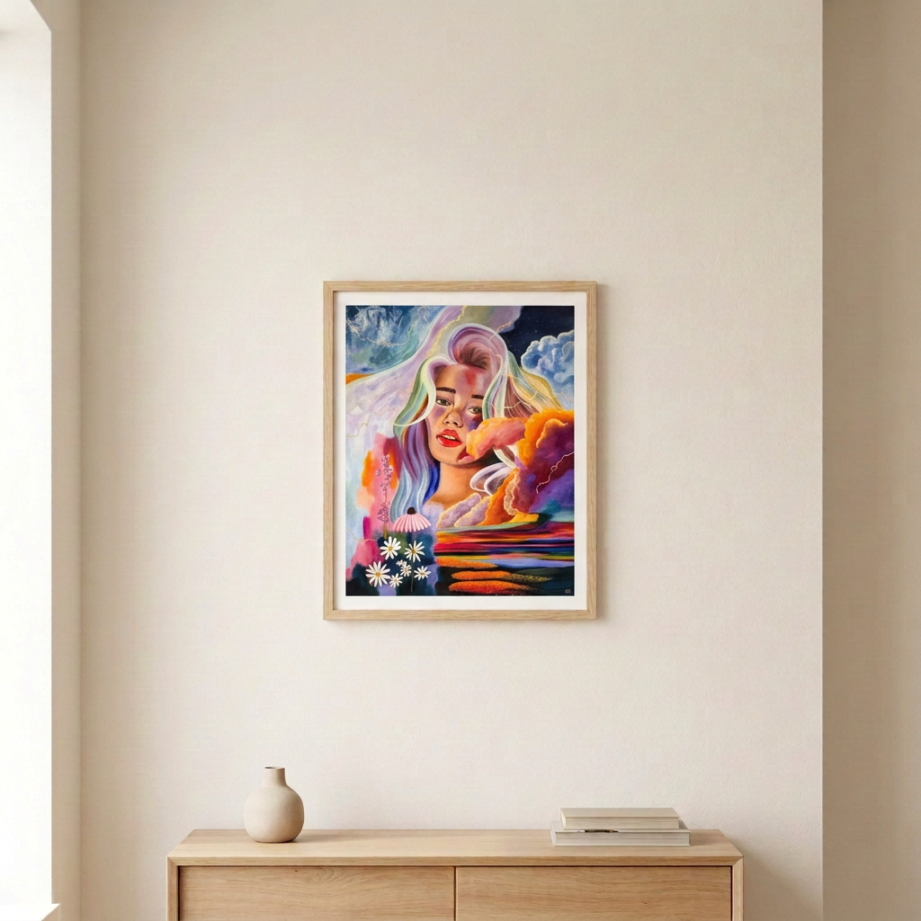 Electric Heaven Print in a slim light wood frame with a white border, hanging above a pale wood console in a warm neutral room