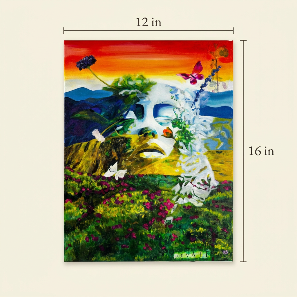 Size guide for the Elevate original painting showing the full 12 x 16 inch artwork with width and height measurements