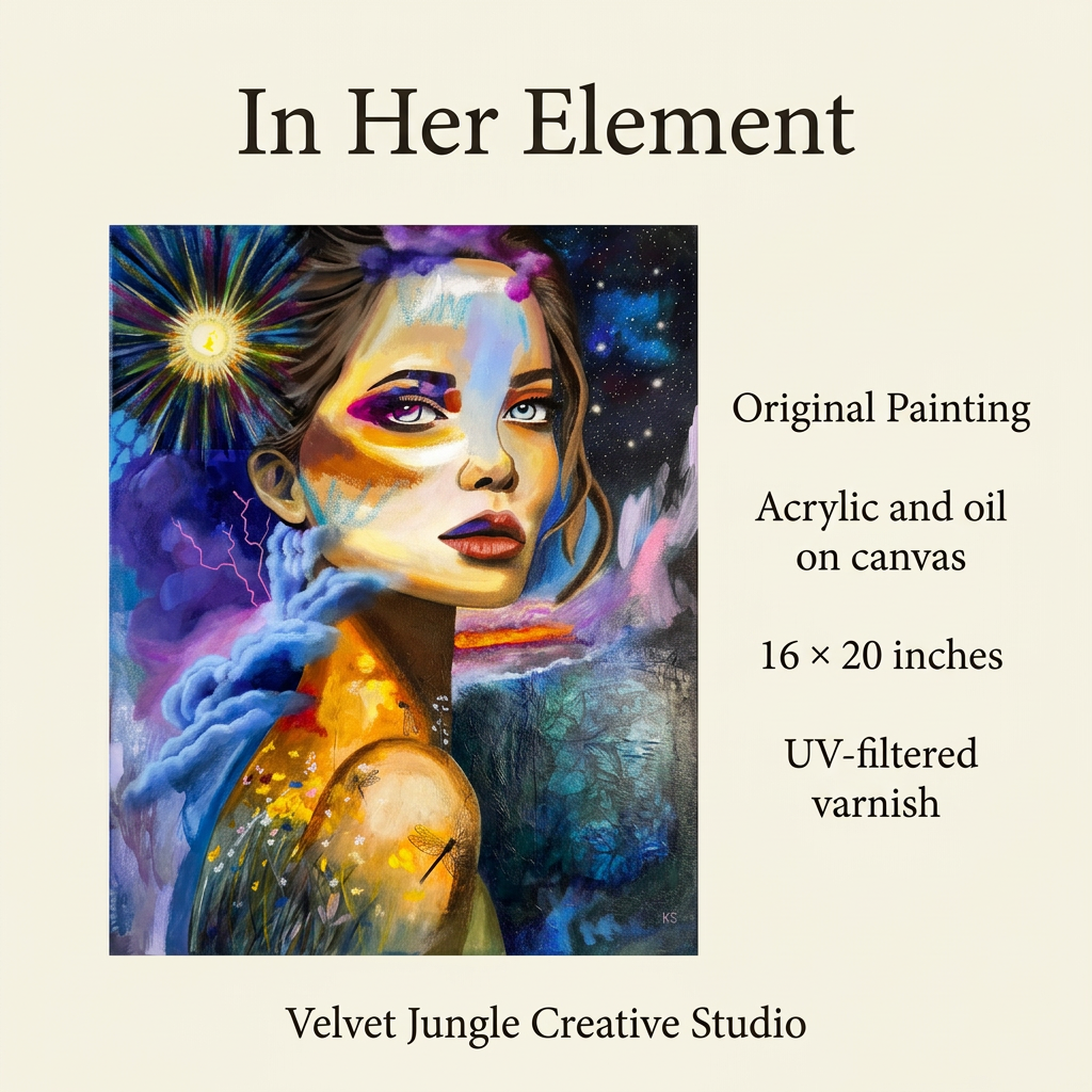 In Her Element details card: original acrylic and oil on canvas, 16 × 20 inches, finished with UV-filtered varnish.