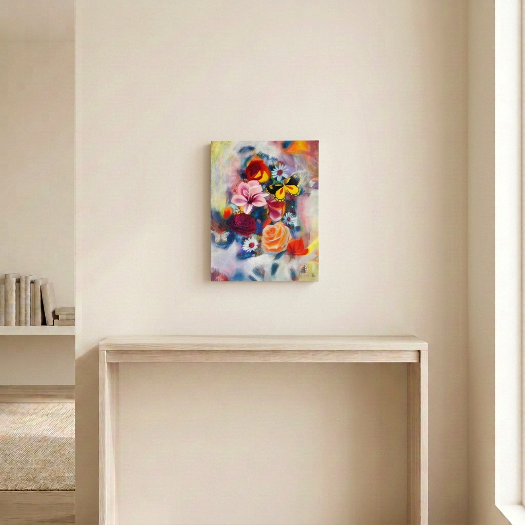 The Wild Within floral and butterfly painting displayed as an unframed canvas above a pale wood console in a warm neutral room.
