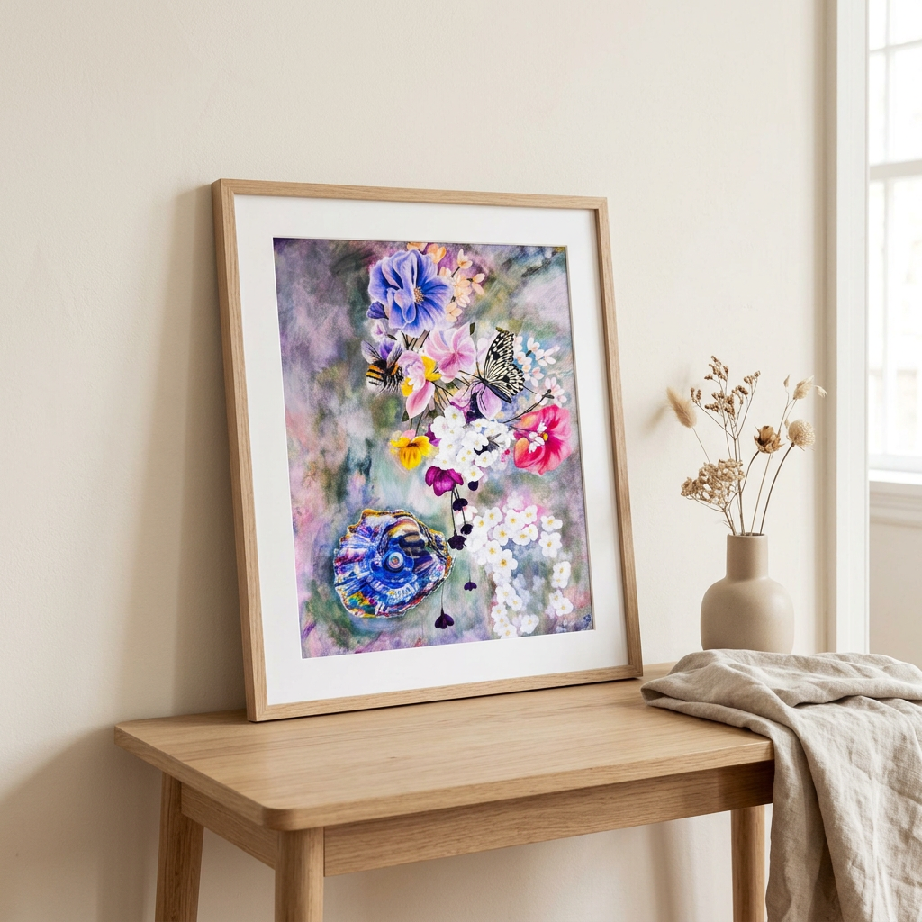 Blooming Treasure floral print styled in a slim oak frame on a light wood console against an ivory wall with neutral decor.