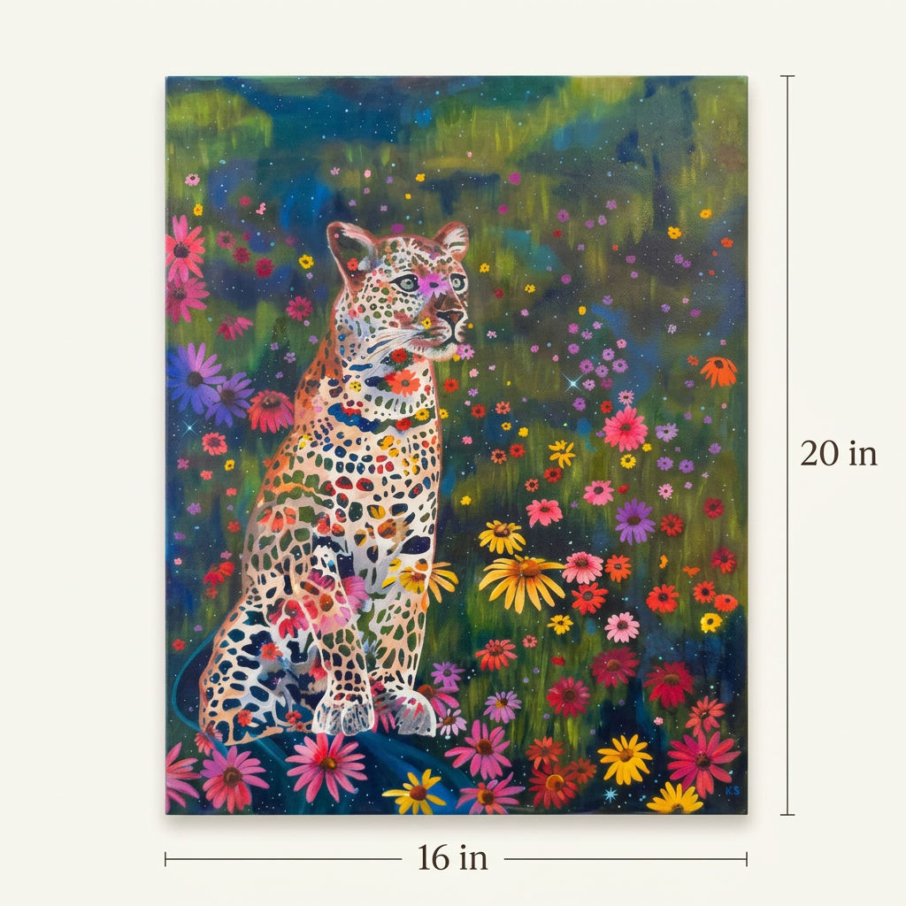 Size guide showing the full Dreams and Wishes Volume Two leopard painting with width 16 inches and height 20 inches on an ivory background.