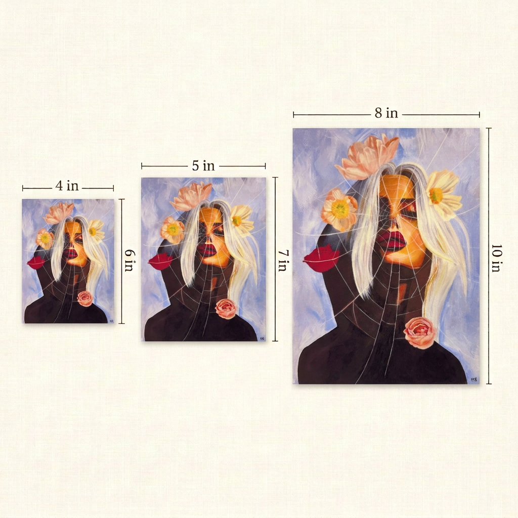 Black Widow Print size guide showing portrait prints in 4 × 6, 5 × 7 and 8 × 10 inches on an ivory background.