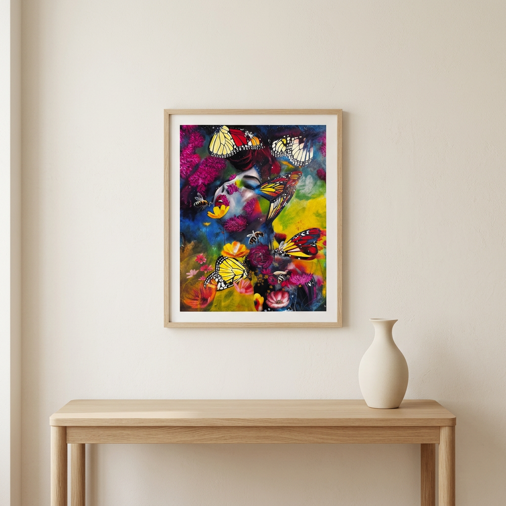 Butterflies and Rocketships Print in a slim light oak frame above an oak console against a warm ivory wall with an ivory ceramic vase.