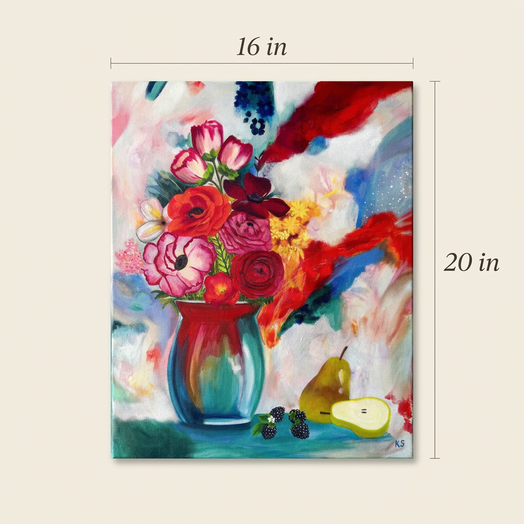 Size guide for Fresh and Glowy, showing the full floral still-life painting measuring 16 inches wide by 20 inches high.