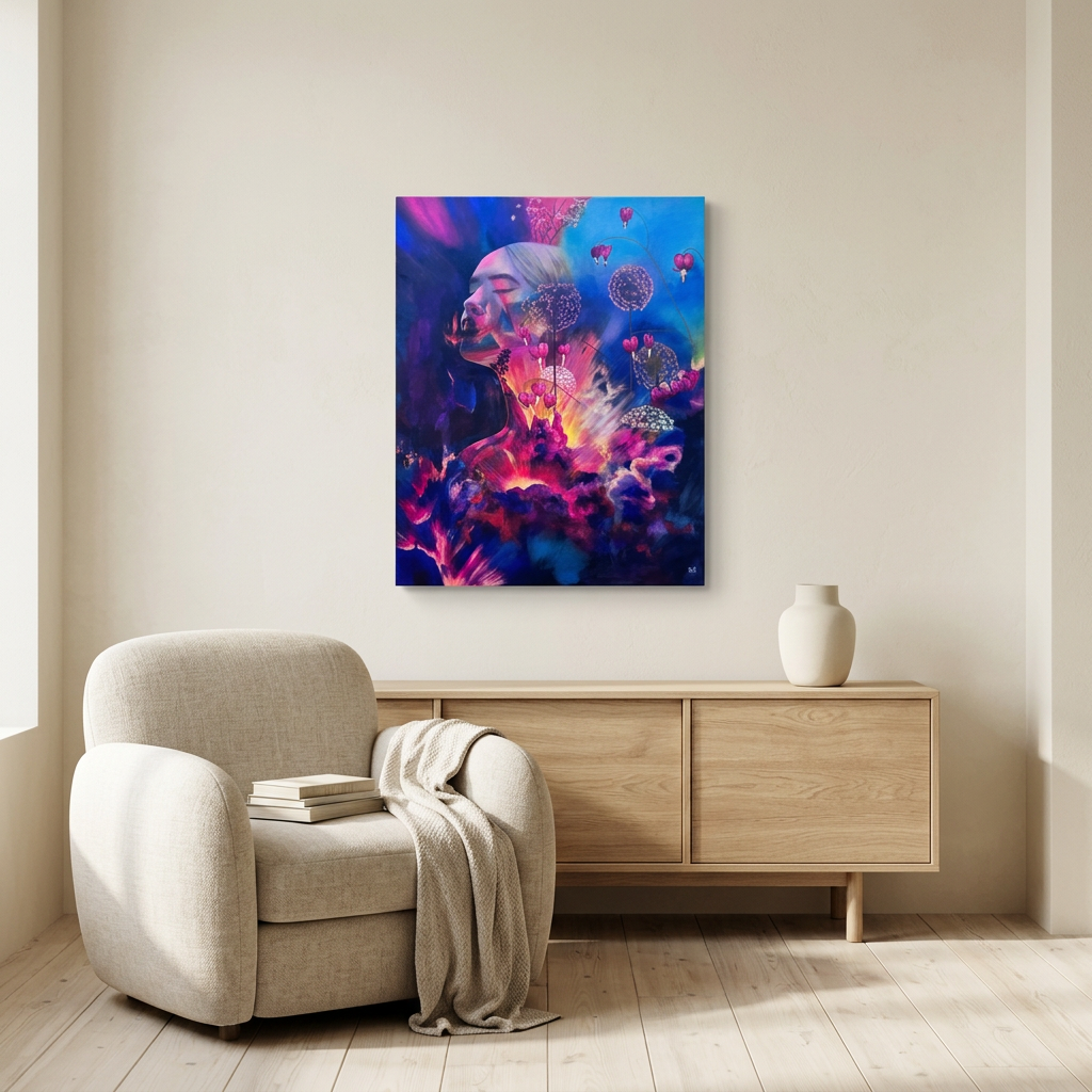 Blazing Heart canvas displayed in a neutral reading nook with an oatmeal armchair, light oak furniture and ivory walls.