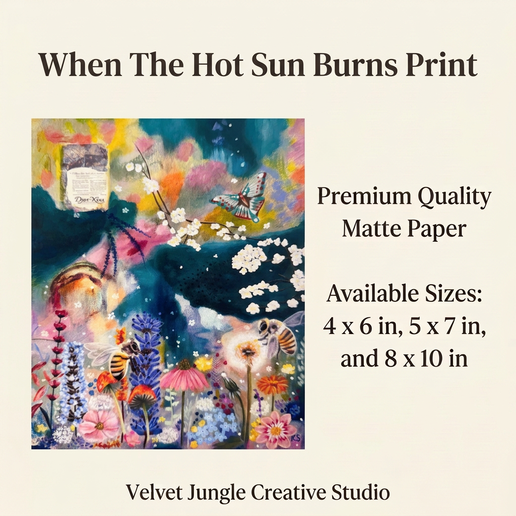 When The Hot Sun Burns Print details card with the full floral artwork, premium quality matte paper and sizes 4 × 6, 5 × 7 and 8 × 10 inches.