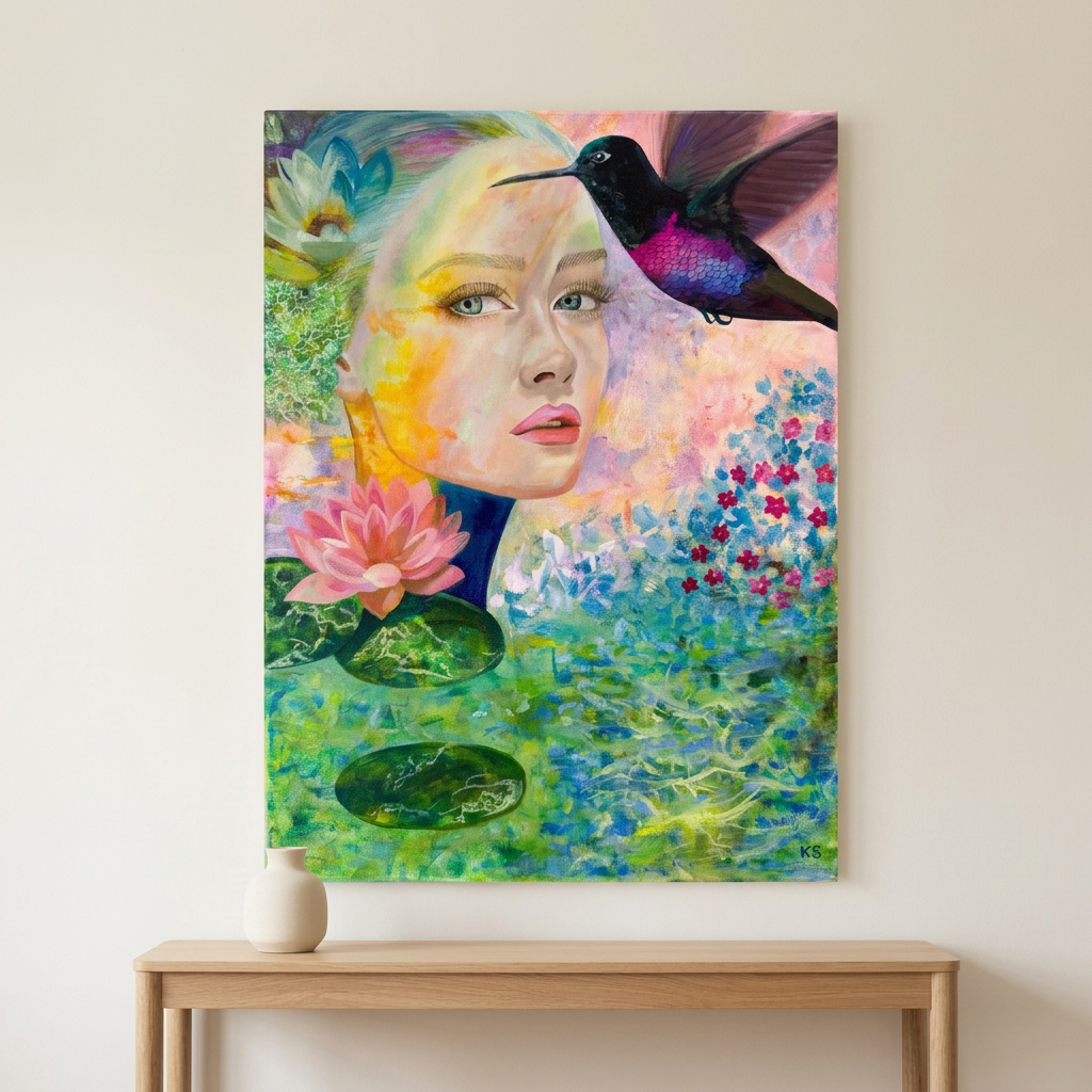 Midsummer Reflections original acrylic and oil painting shown as a canvas hanging on a warm ivory wall above a light wood console table