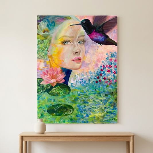 Midsummer Reflections original acrylic and oil painting shown as a canvas hanging on a warm ivory wall above a light wood console table