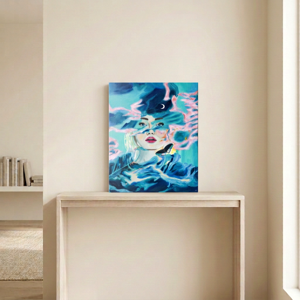 Past Midnight painting displayed unframed on a pale wood console in a neutral room, showing a woman amid teal waves, pink clouds, a crescent moon and butterfly.