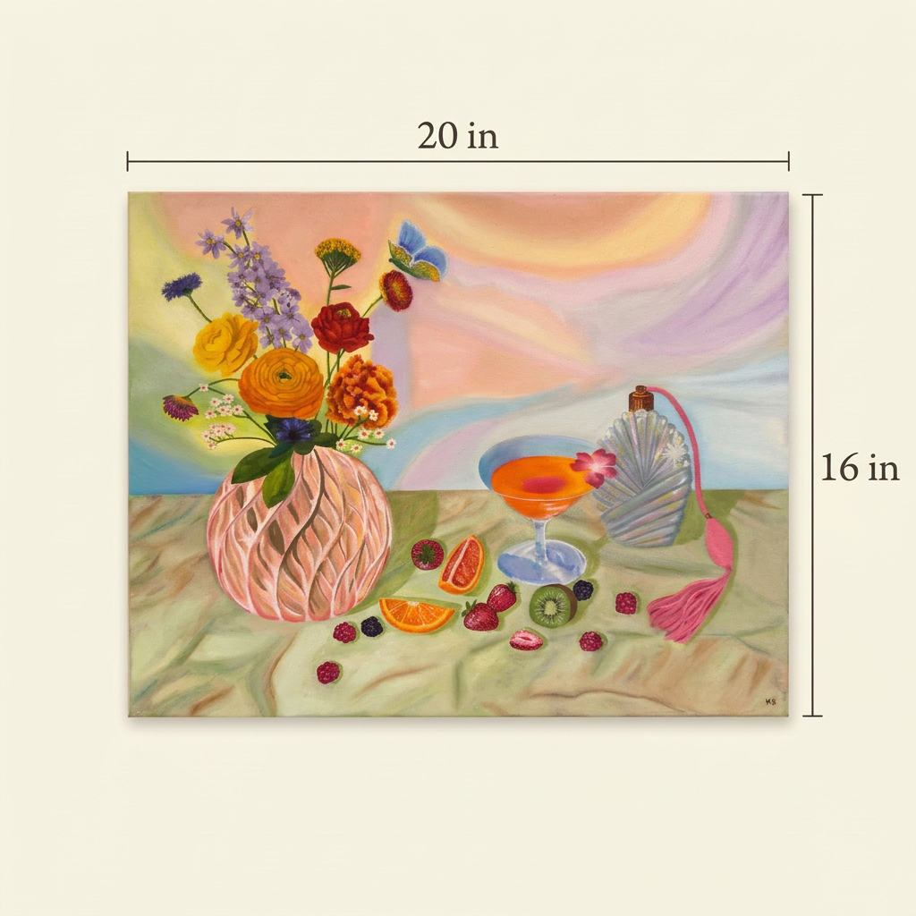 Succulent Prosperity Volume 1 size guide showing the complete landscape painting with a 20 inch width label above and a 16 inch height label beside on an ivory background