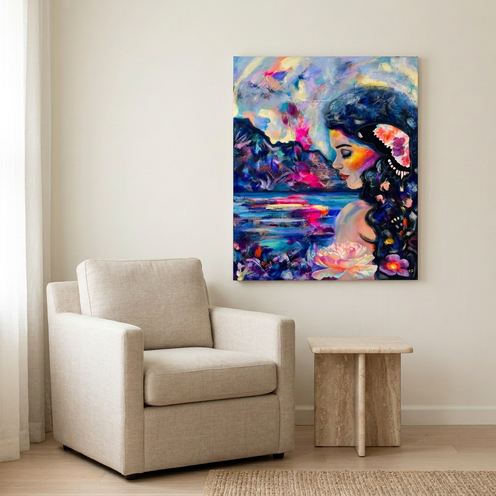 Room mockup of Reflections Beneath The Opal Moon displayed at a smaller scale above an oatmeal armchair, with an ivory wall and travertine side table.