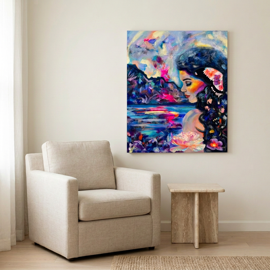 Room mockup of Reflections Beneath The Opal Moon displayed at a smaller scale above an oatmeal armchair, with an ivory wall and travertine side table.