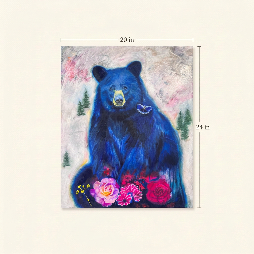 The Silent Bear Of Indigo Bloom canvas on ivory with dimension labels: 20 inches wide and 24 inches high.