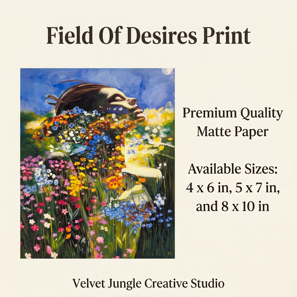 Field Of Desires Print details card showing the full floral portrait artwork, premium quality matte paper and available sizes of 4 × 6, 5 × 7 and 8 × 10 inches.