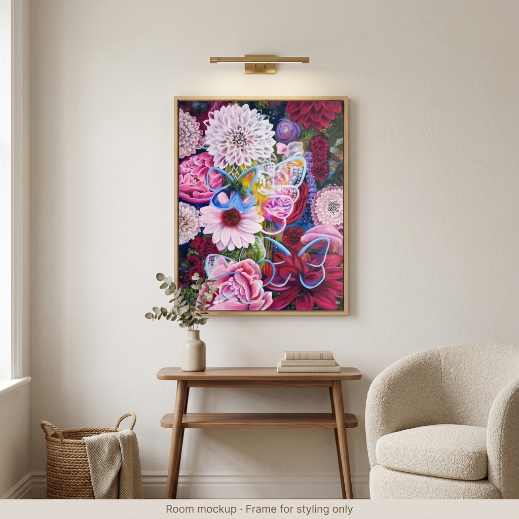 Lucent Gardens in a styled room mockup with an oak frame; frame shown for styling only.