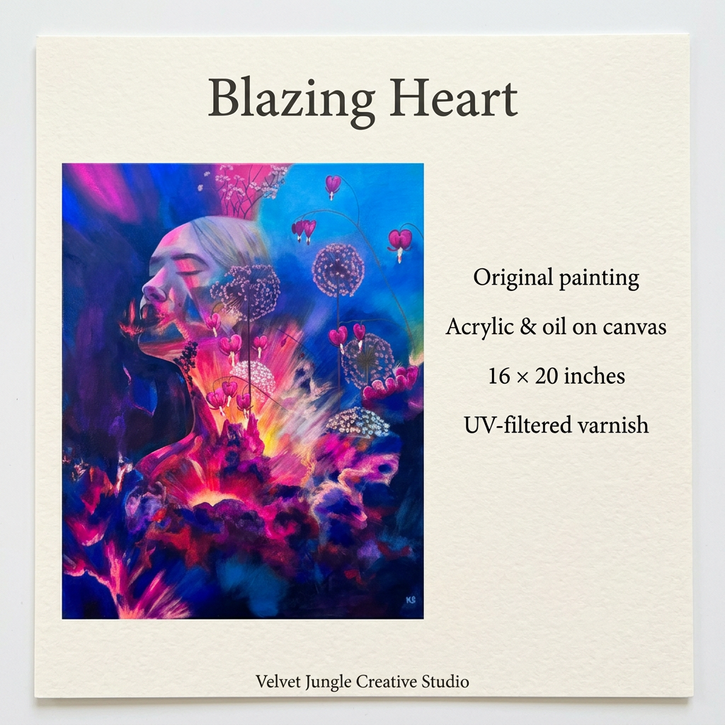 Blazing Heart details card: original acrylic and oil on canvas, 16 × 20 inches, finished with UV-filtered varnish.