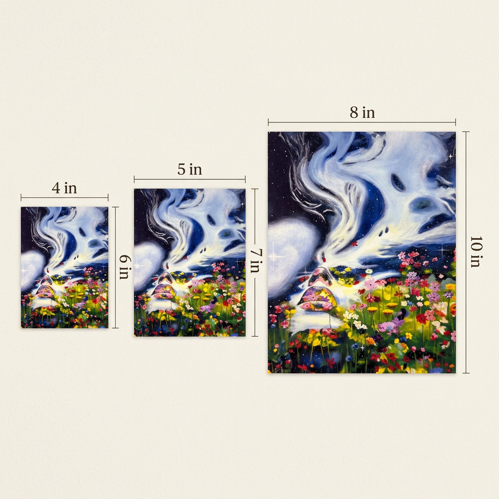 Condensate Print size guide showing the complete artwork at 4 x 6 in, 5 x 7 in, and 8 x 10 in with width and height labels on an ivory background.