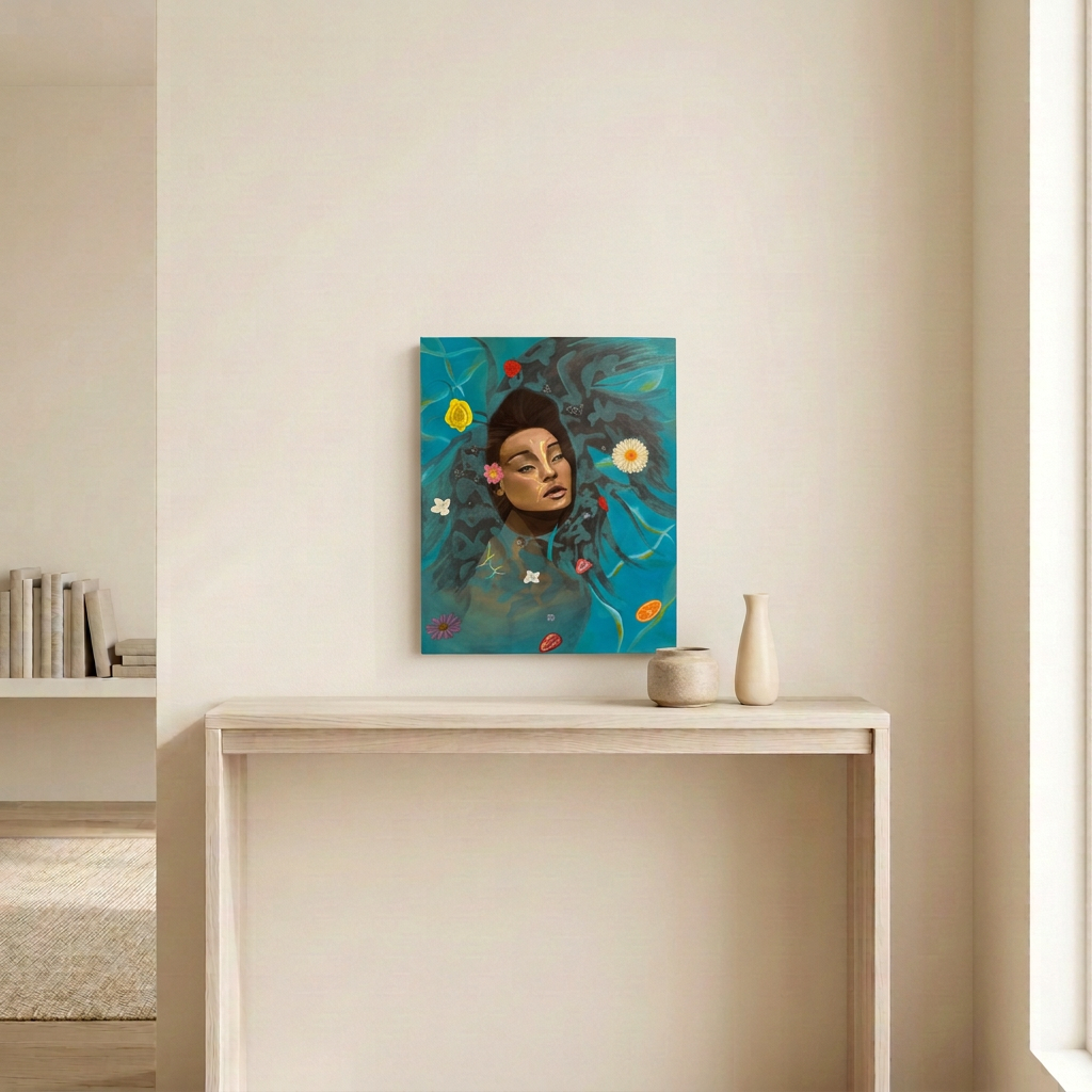 Spa on Saturn canvas depicting a woman in turquoise water, displayed above a pale wood console in a neutral room.