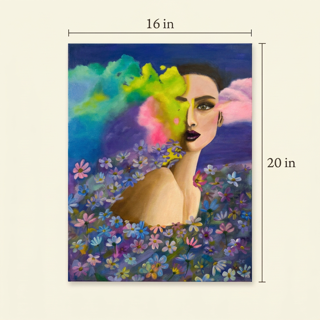 Size guide for the Lucid Dream original painting, showing the full artwork with a width of 16 inches and a height of 20 inches