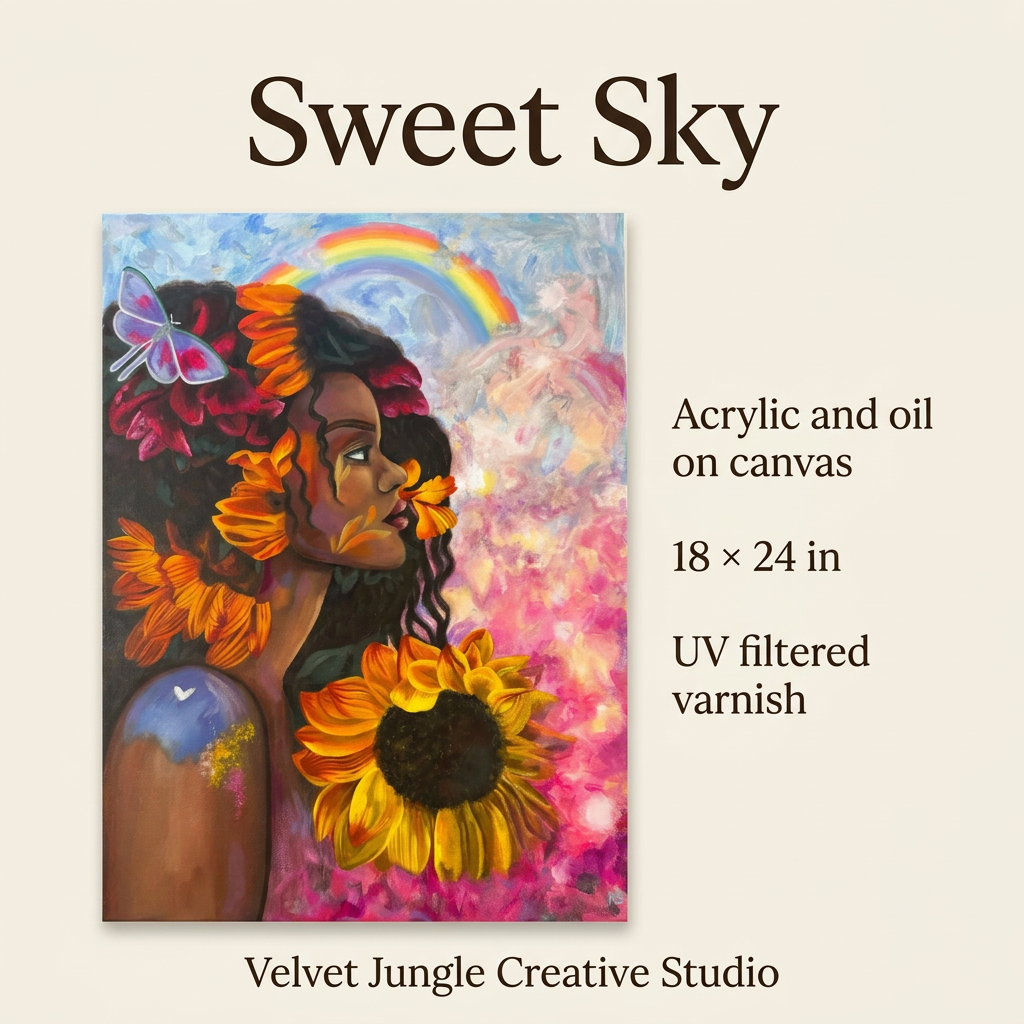 Sweet Sky details card with the full artwork and the materials, dimensions, and finish: acrylic and oil on canvas, 18 by 24 inches, UV filtered varnish