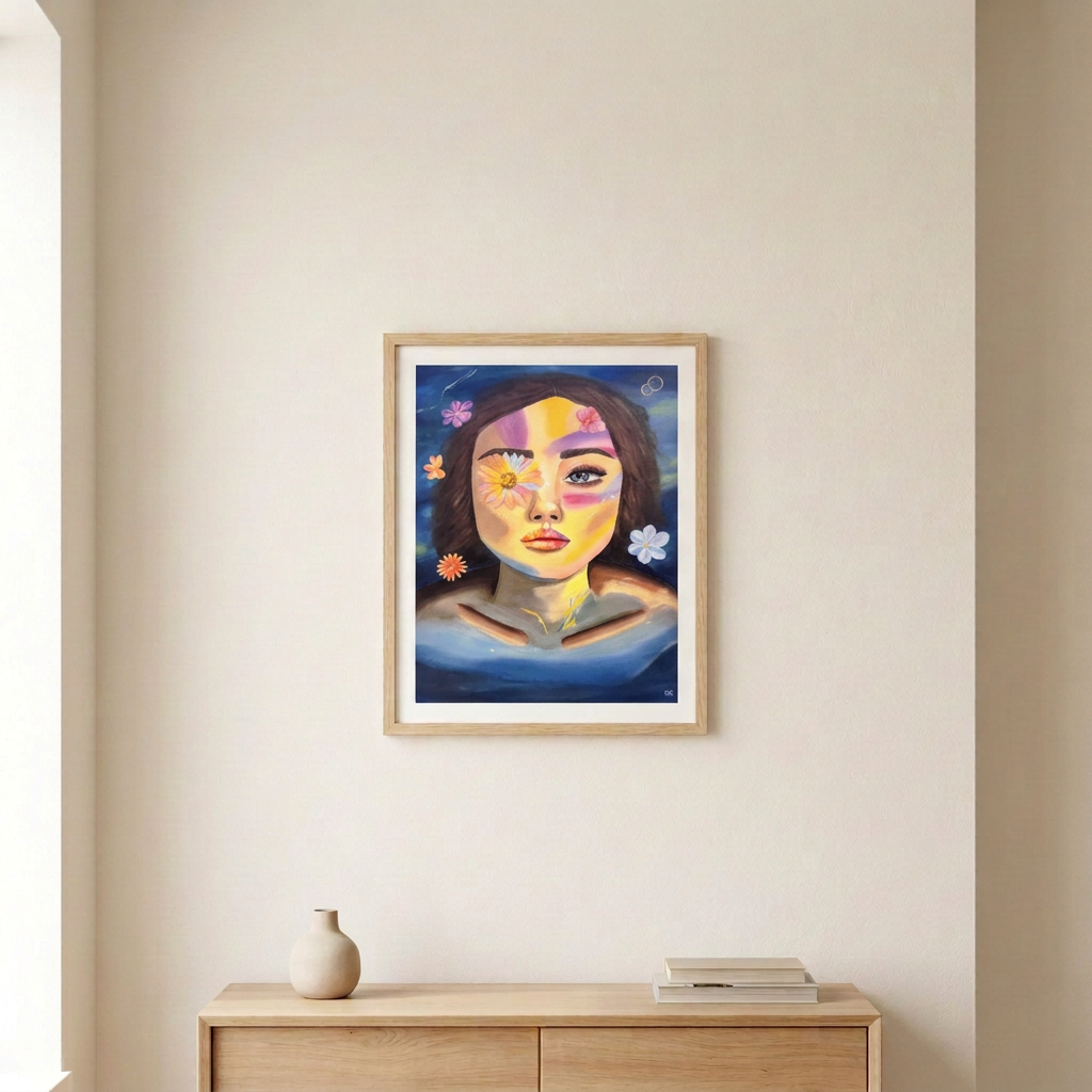 Aqua Oasis floral portrait print in a slim light wood frame above a pale wood console in a neutral room.