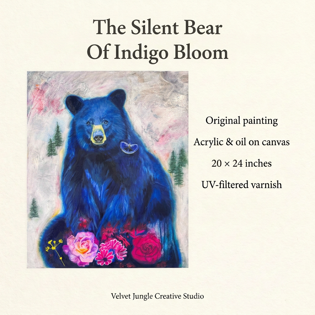 The Silent Bear Of Indigo Bloom details card: original acrylic and oil canvas, 20 × 24 inches, UV-filtered varnish.