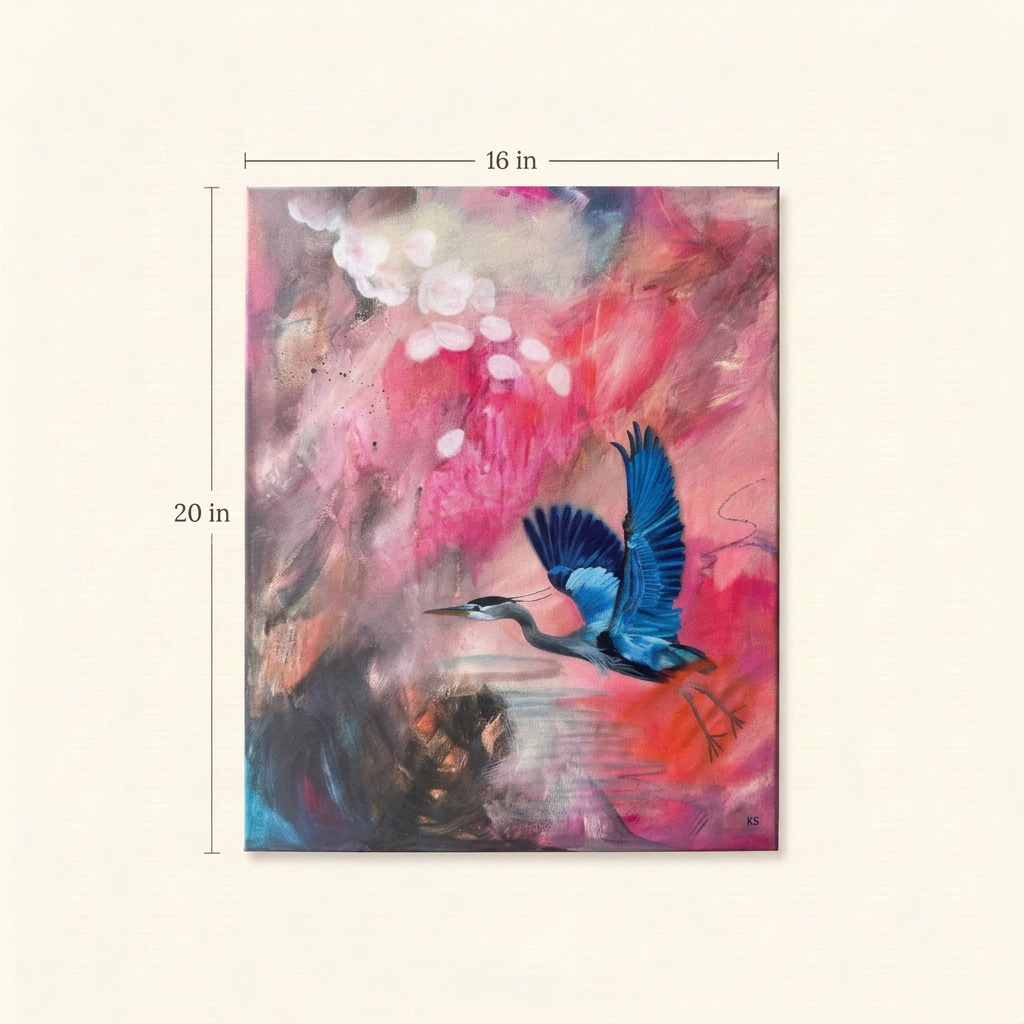 Wild Wisdom size guide showing the full blue heron painting against coral and pink abstract brushwork, measuring 16 inches wide by 20 inches high.