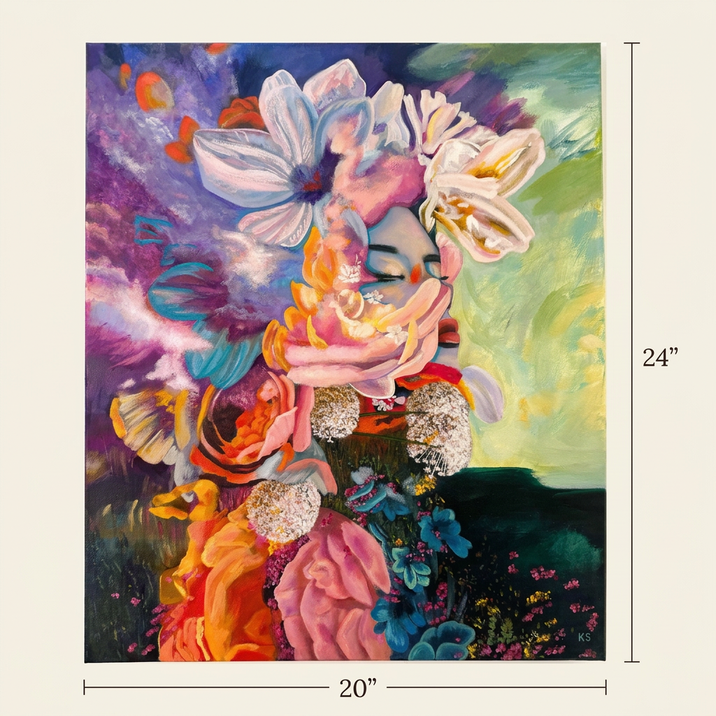 Dreamscape size guide showing the complete artwork with thin dimension rules marking 20 inches wide by 24 inches high