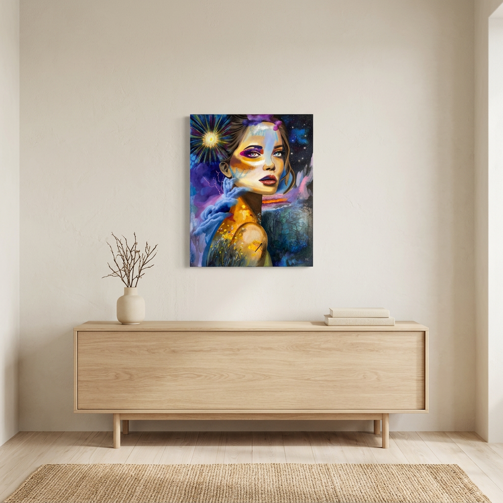 In Her Element unframed portrait canvas displayed above a pale wood console in a warm neutral room.
