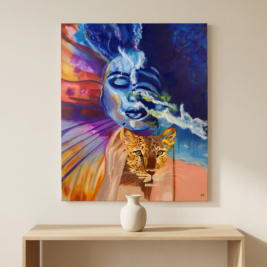Rising Wild canvas displayed on an ivory wall above a light oak console with an ivory ceramic vase.