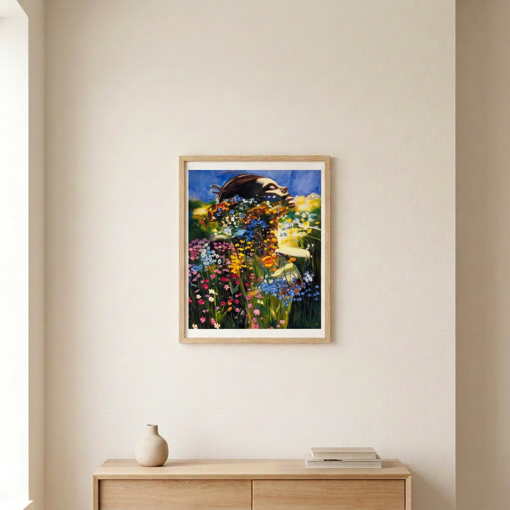 Field Of Desires Print, depicting a woman's profile among colourful wildflowers, displayed in a slim light wood frame above a pale wood console in a neutral room.