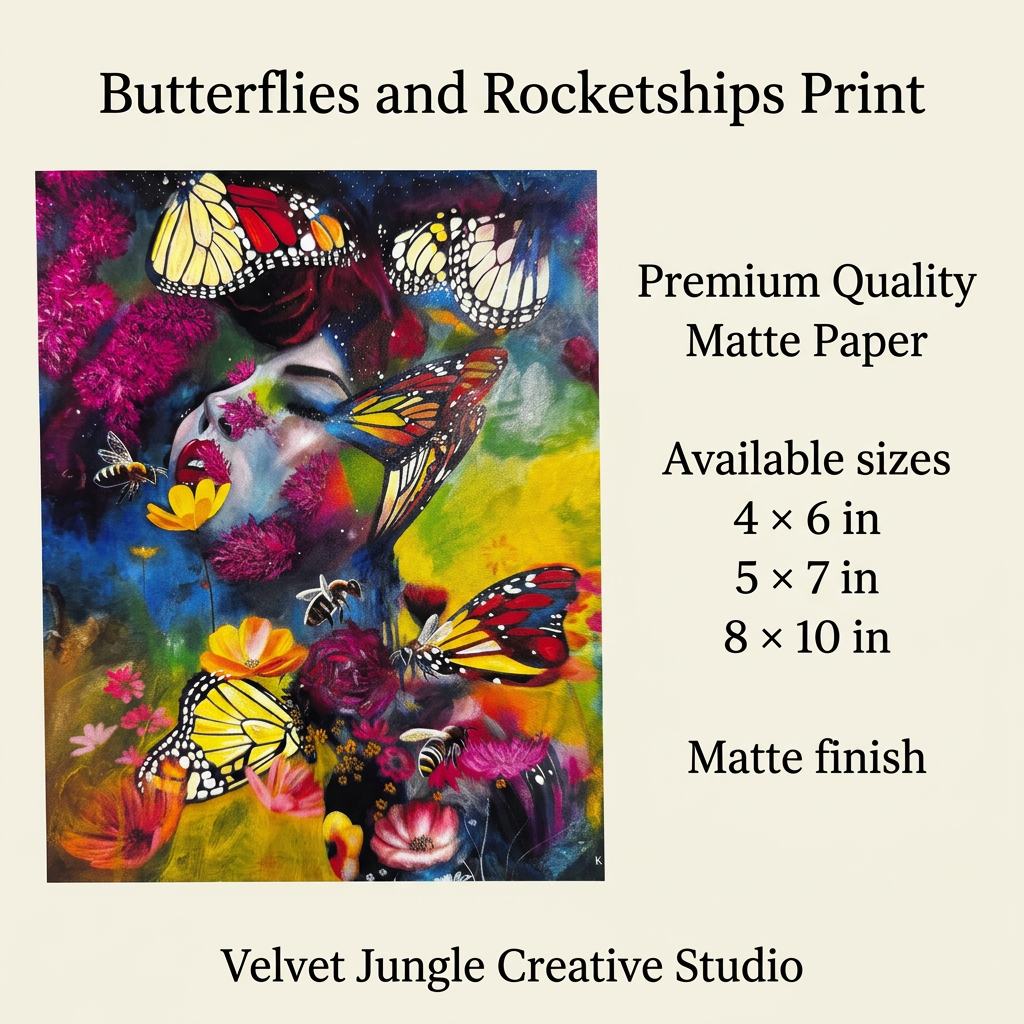 Butterflies and Rocketships Print details card with the complete artwork on the left and premium matte paper, matte finish and three available sizes on the right.