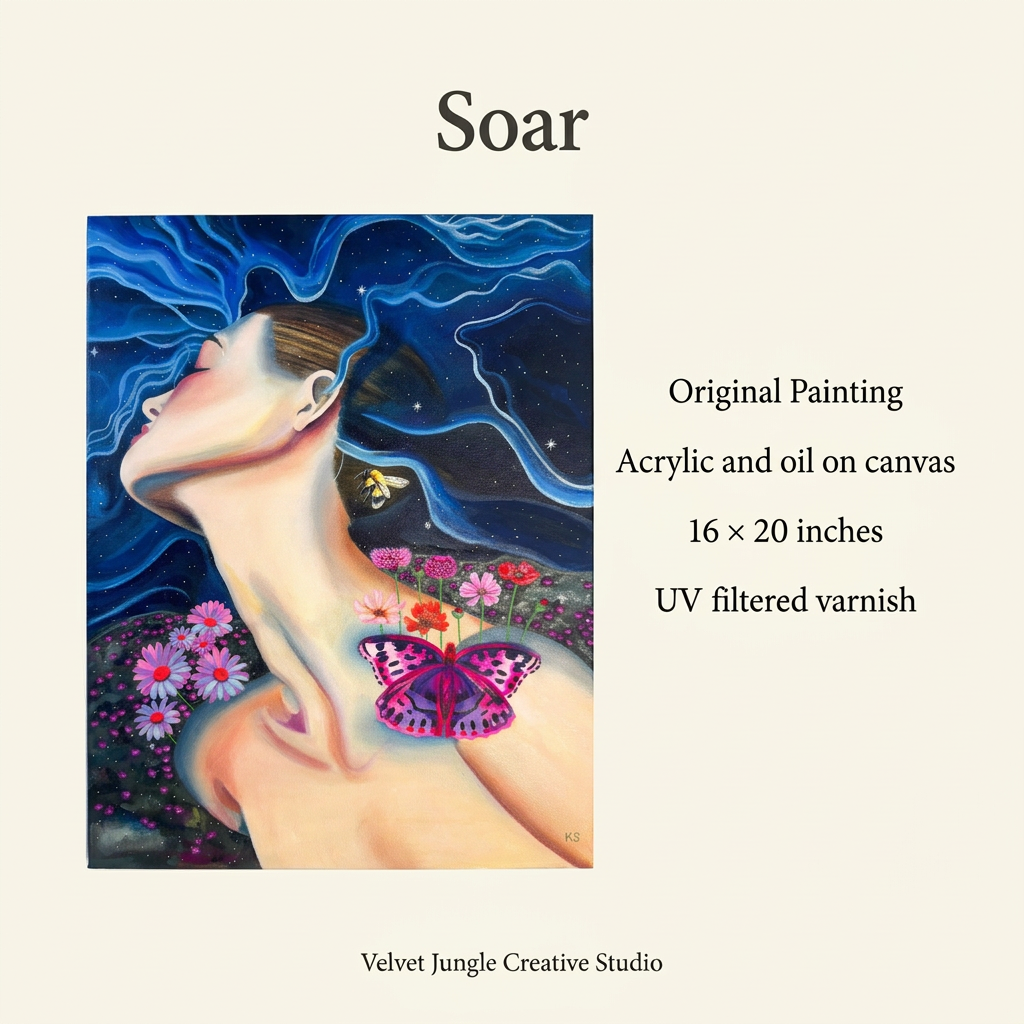 Soar details: original acrylic and oil on canvas, 16 × 20 inches, protected with UV filtered varnish.