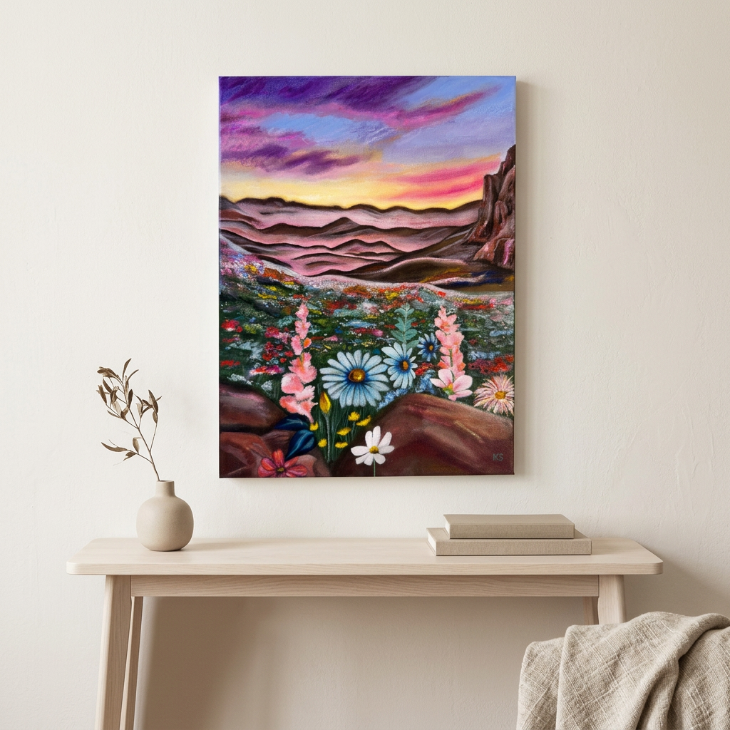 Raw and Radiant floral mountain landscape on unframed canvas above a pale wood console in a neutral room.