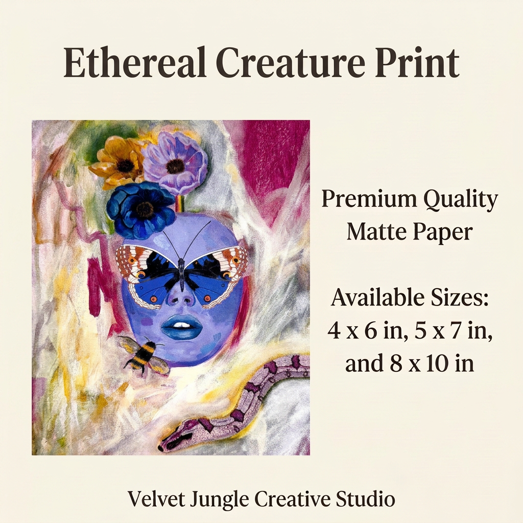 Ethereal Creature Print details card with the complete artwork, premium quality matte paper, and available sizes of 4 × 6, 5 × 7 and 8 × 10 inches.