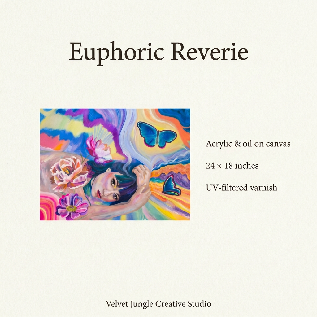 Euphoric Reverie details card with the full borderless artwork on the left and acrylic and oil on canvas, 24 by 18 inches, and UV-filtered varnish on the right.