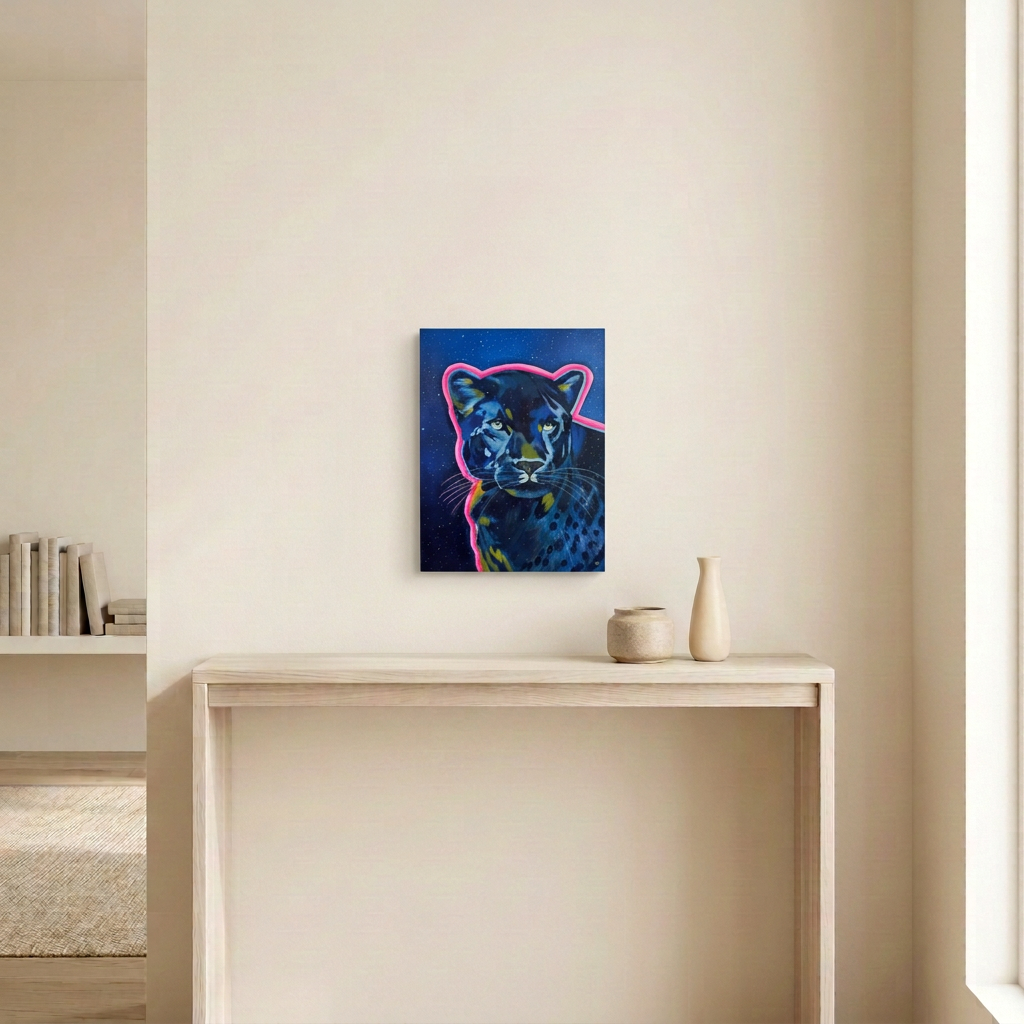 Lucky Panther original painting displayed unframed above a pale wood console in a softly lit neutral room, featuring a blue panther outlined in vivid pink.