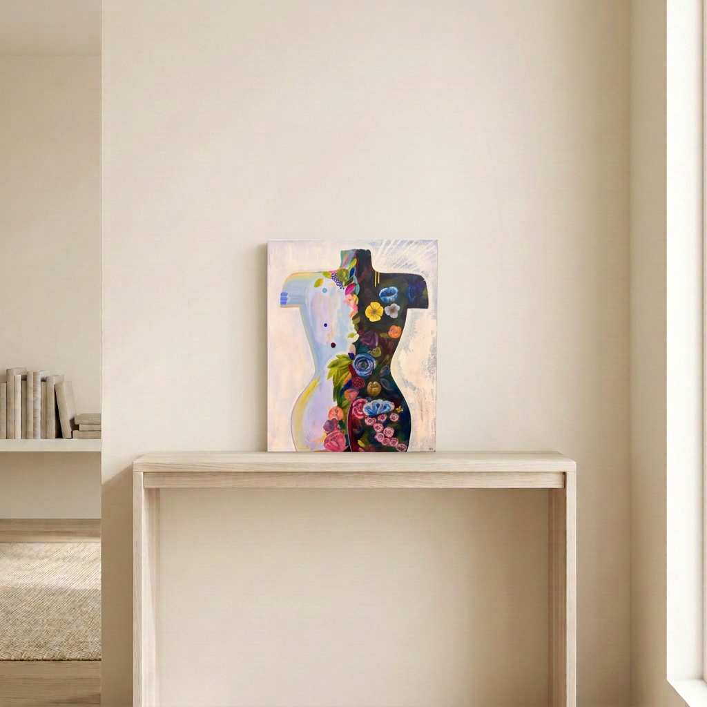 Torso Volume 2, an unframed floral torso painting, displayed on a light wood console in a softly lit neutral room.