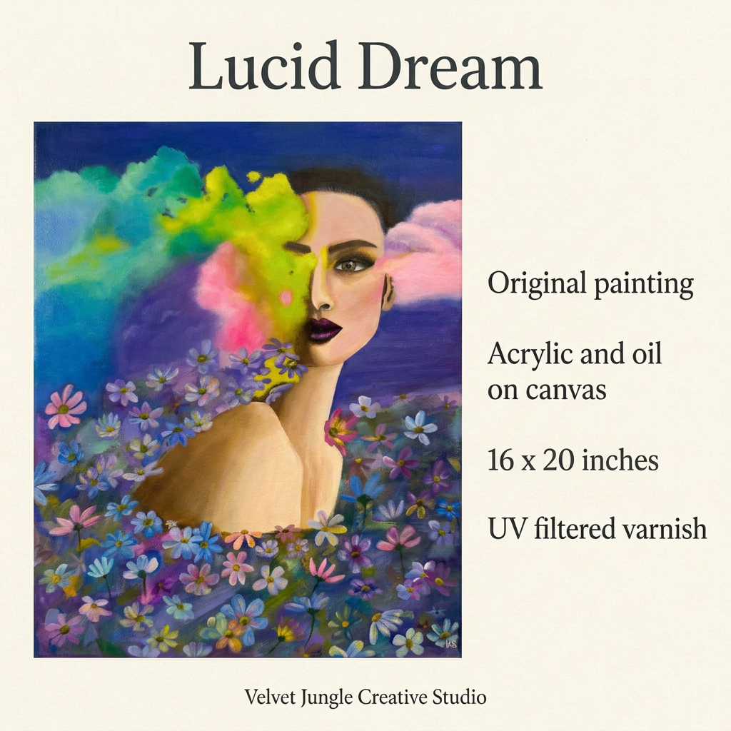 Lucid Dream details card: original painting, acrylic and oil on canvas, 16 x 20 inches, finished with UV filtered varnish, by Velvet Jungle Creative Studio