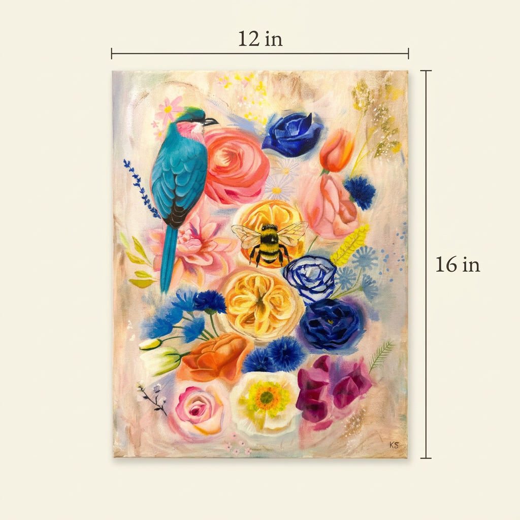 Size guide showing the full July's Bouquet floral painting with 12 inch width and 16 inch height dimension labels on an ivory background